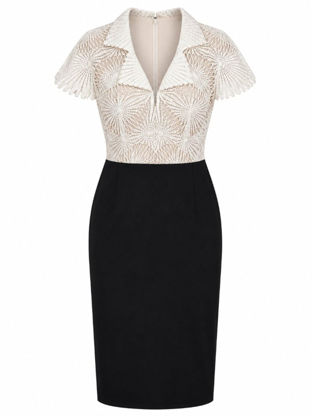 Tadashi Shoji Lace Top Black & White Sheath Dress Size 8 Cap Sleeves Zip Closure